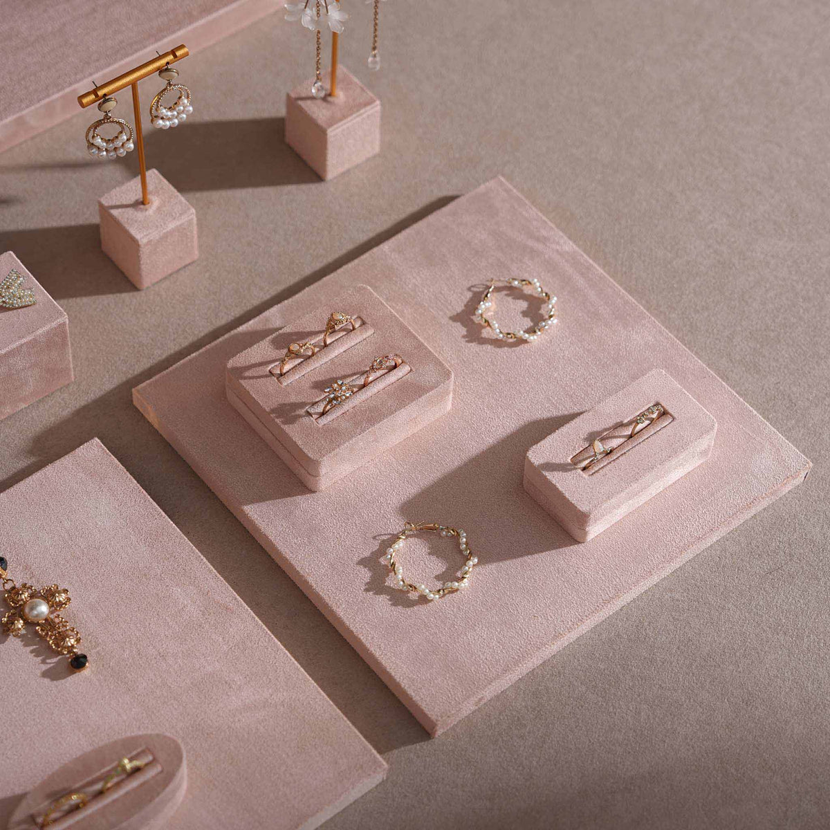 Soft Blush Pink Jewelry Display Set for Boutique Counter, Ring Tray, Necklace Rail, Earring Stand, Product Photography Props, Vegan Suede