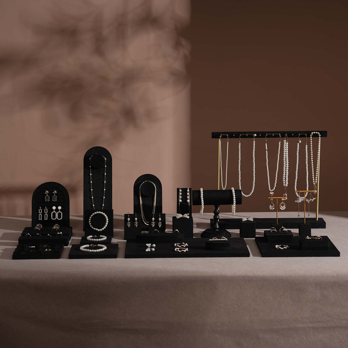 Black Jewelry Display Set for Estate & Antique Jewelers, Ring Tray, Necklace Rail, Earring Stand, Product Photography Props, Vegan Suede