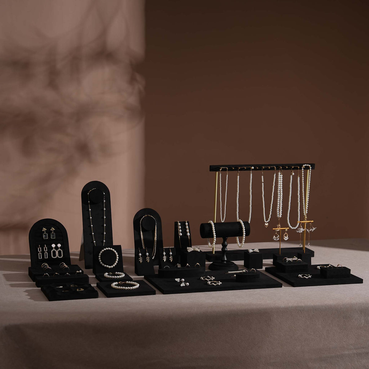 Black Jewelry Display Set for Estate & Antique Jewelers, Ring Tray, Necklace Rail, Earring Stand, Product Photography Props, Vegan Suede