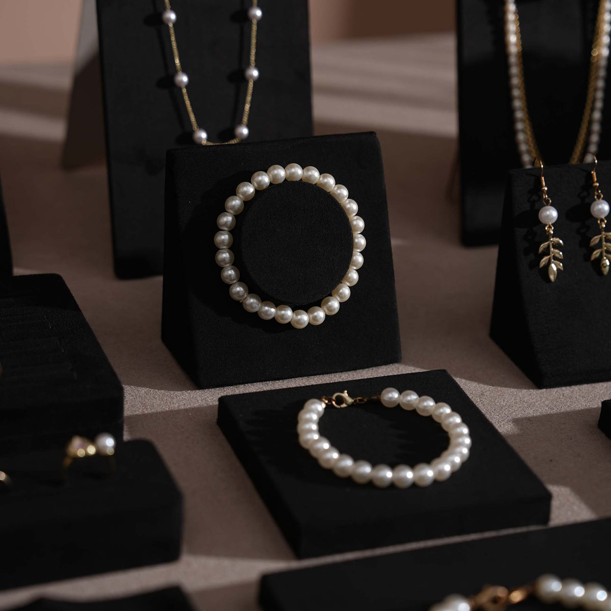 Black Jewelry Display Set for Estate & Antique Jewelers, Ring Tray, Necklace Rail, Earring Stand, Product Photography Props, Vegan Suede