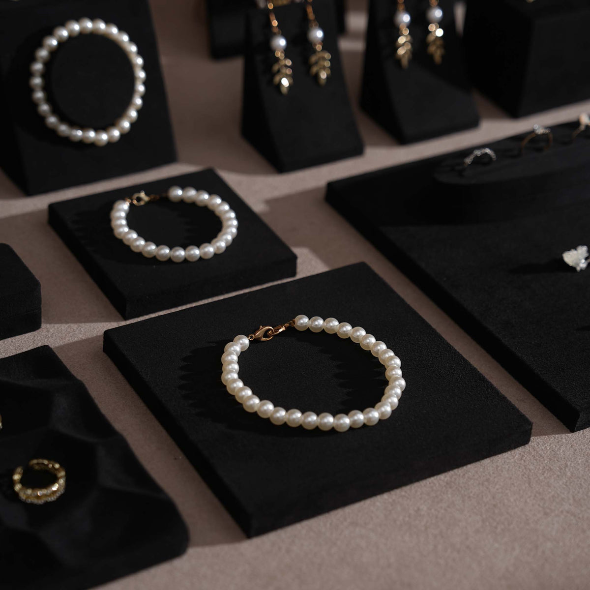 Black Jewelry Display Set for Estate & Antique Jewelers, Ring Tray, Necklace Rail, Earring Stand, Product Photography Props, Vegan Suede