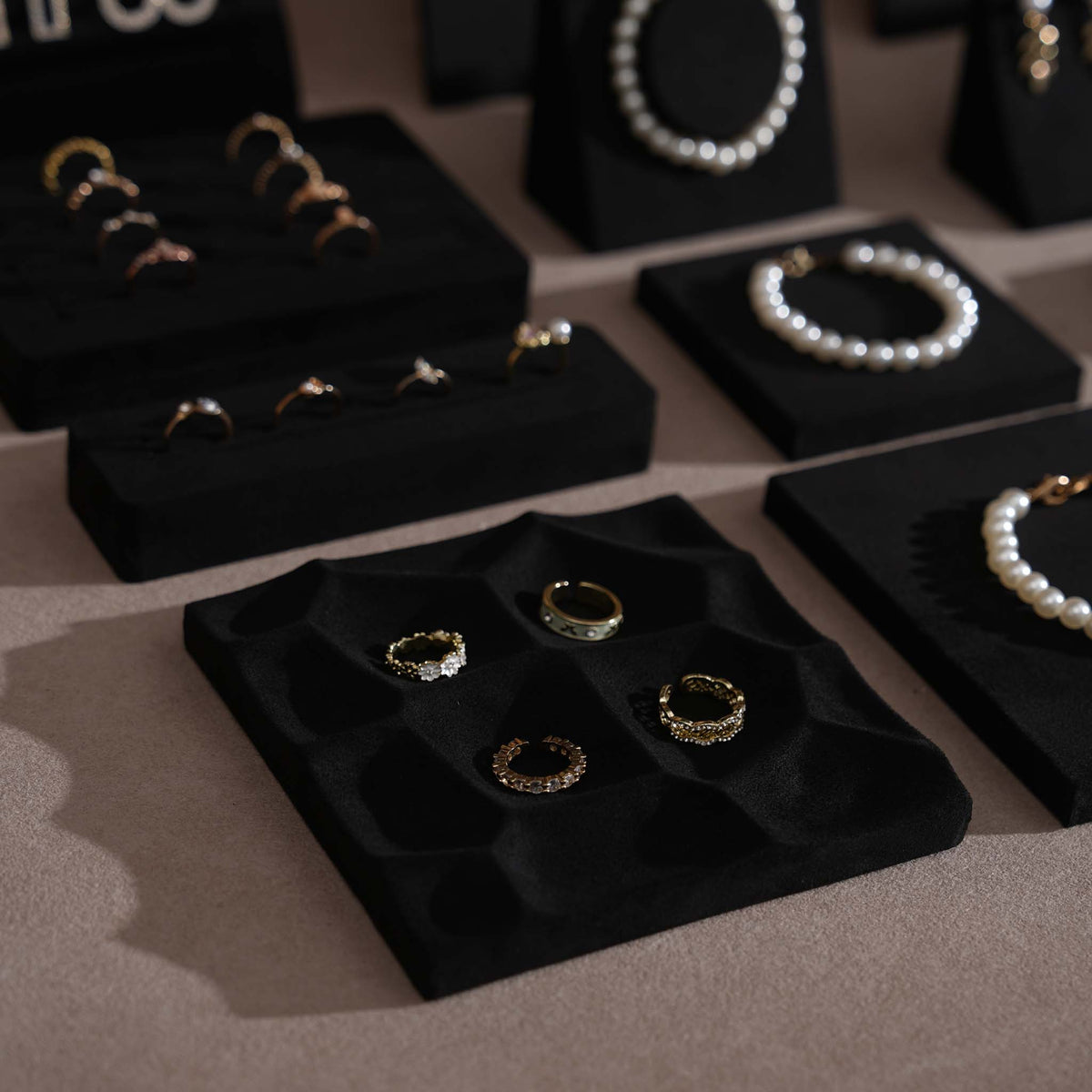 Black Jewelry Display Set for Estate & Antique Jewelers, Ring Tray, Necklace Rail, Earring Stand, Product Photography Props, Vegan Suede