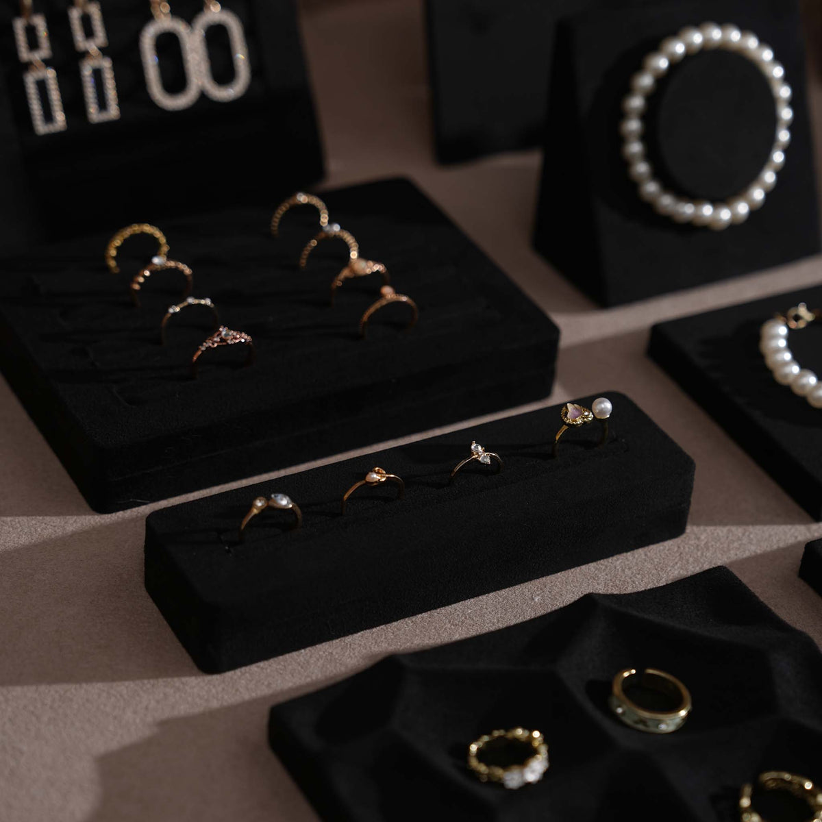 Black Jewelry Display Set for Estate & Antique Jewelers, Ring Tray, Necklace Rail, Earring Stand, Product Photography Props, Vegan Suede