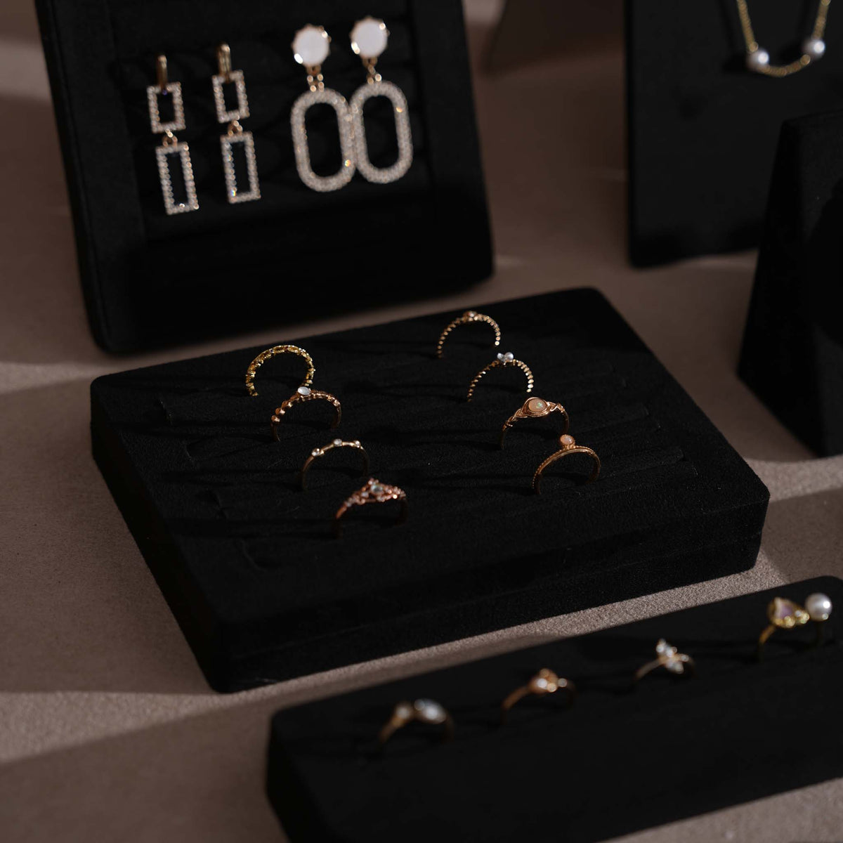 Black Jewelry Display Set for Estate & Antique Jewelers, Ring Tray, Necklace Rail, Earring Stand, Product Photography Props, Vegan Suede