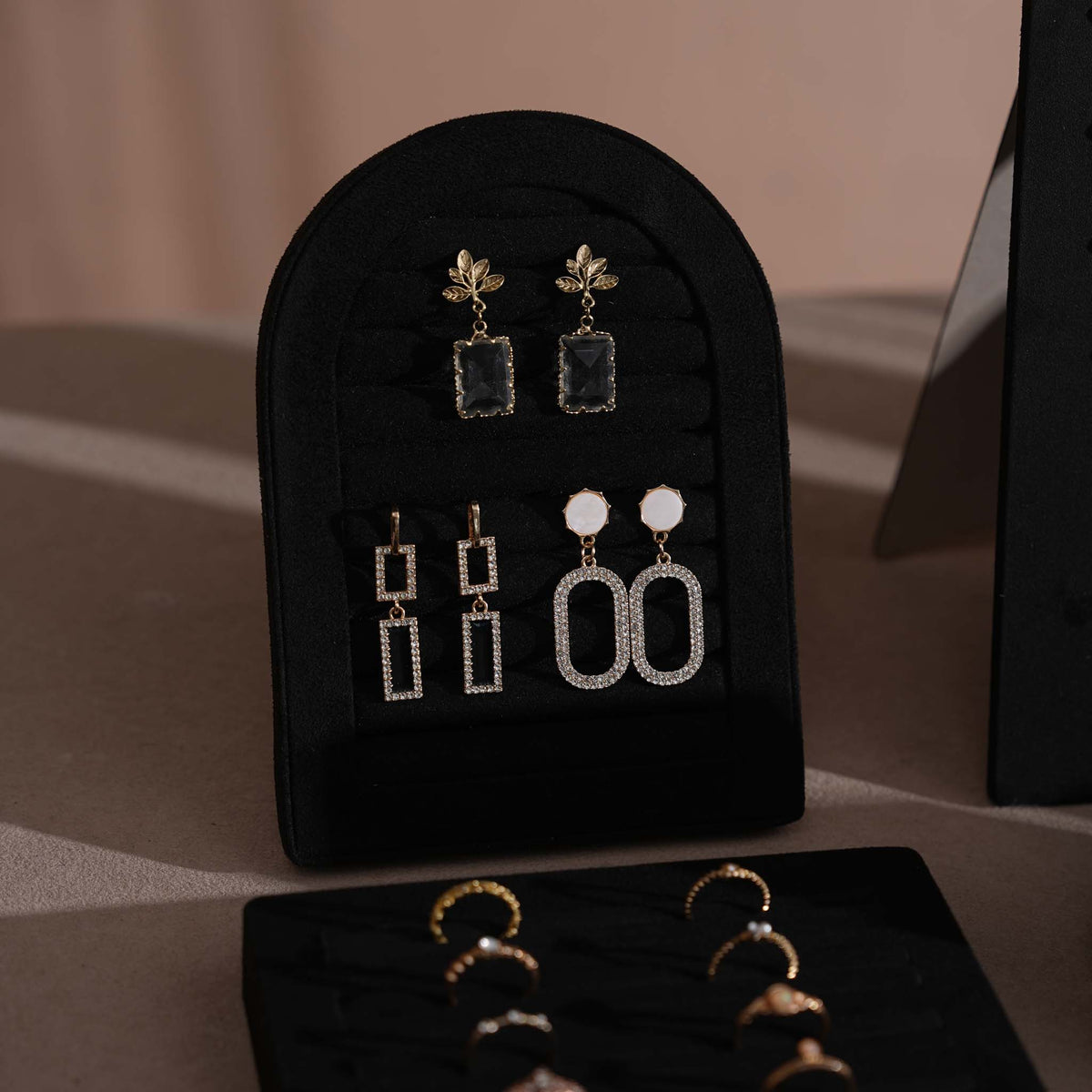 Black Jewelry Display Set for Estate & Antique Jewelers, Ring Tray, Necklace Rail, Earring Stand, Product Photography Props, Vegan Suede