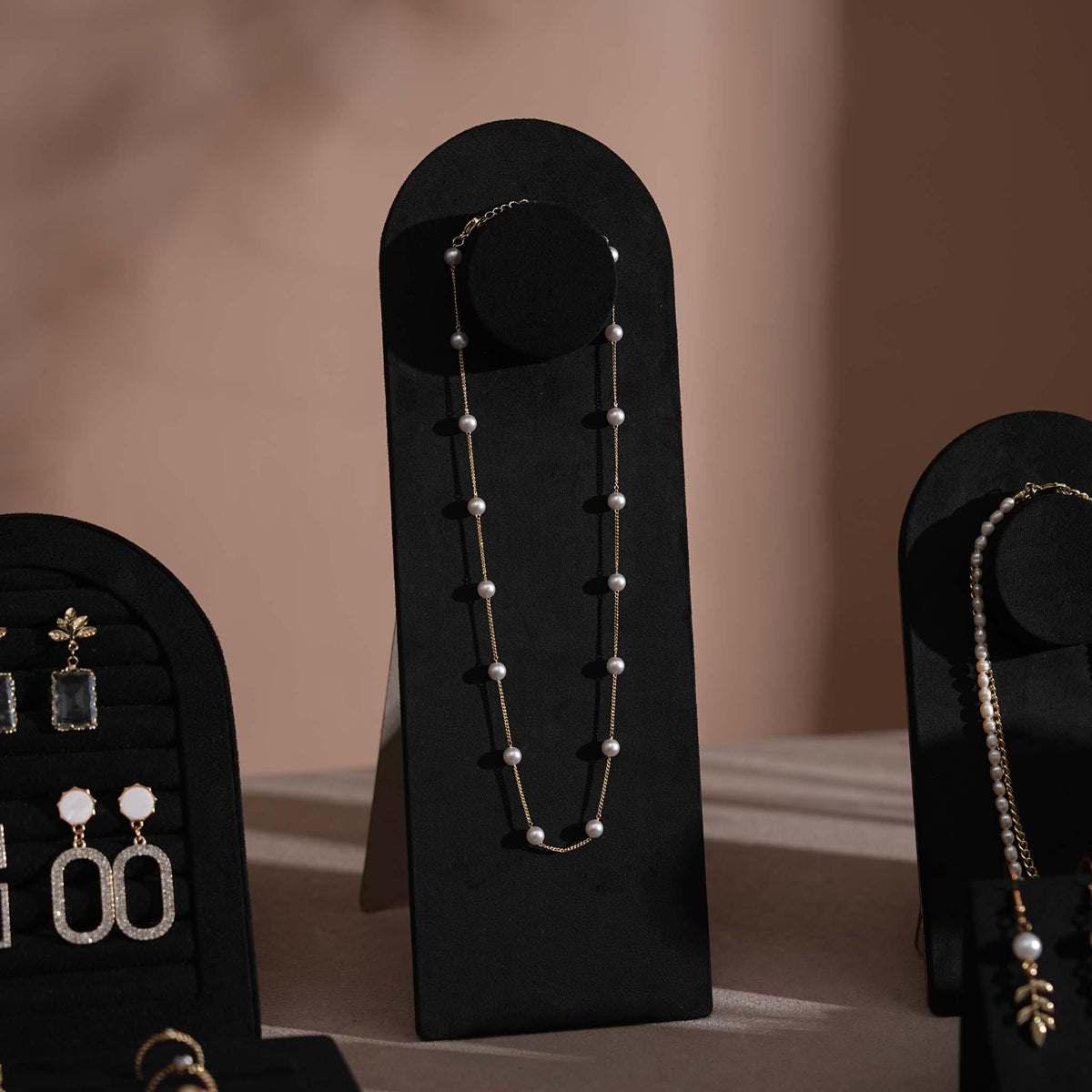 Black Jewelry Display Set for Estate & Antique Jewelers, Ring Tray, Necklace Rail, Earring Stand, Product Photography Props, Vegan Suede