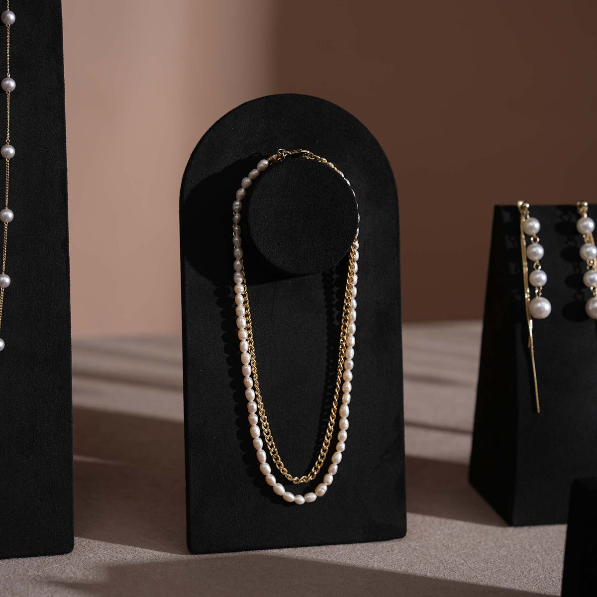 Black Jewelry Display Set for Estate & Antique Jewelers, Ring Tray, Necklace Rail, Earring Stand, Product Photography Props, Vegan Suede