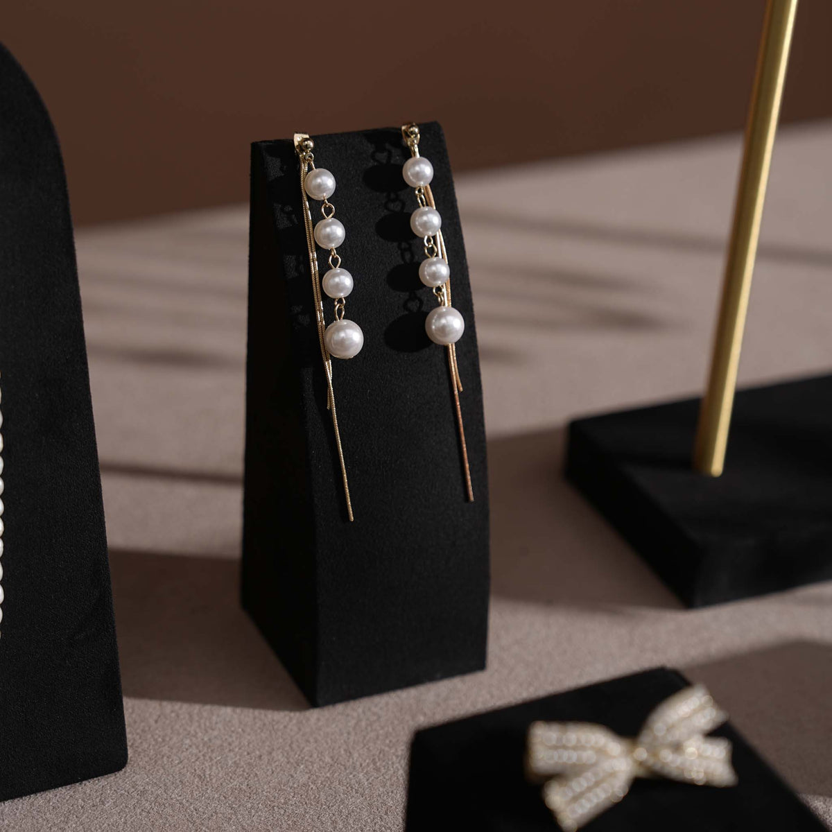 Black Jewelry Display Set for Estate & Antique Jewelers, Ring Tray, Necklace Rail, Earring Stand, Product Photography Props, Vegan Suede
