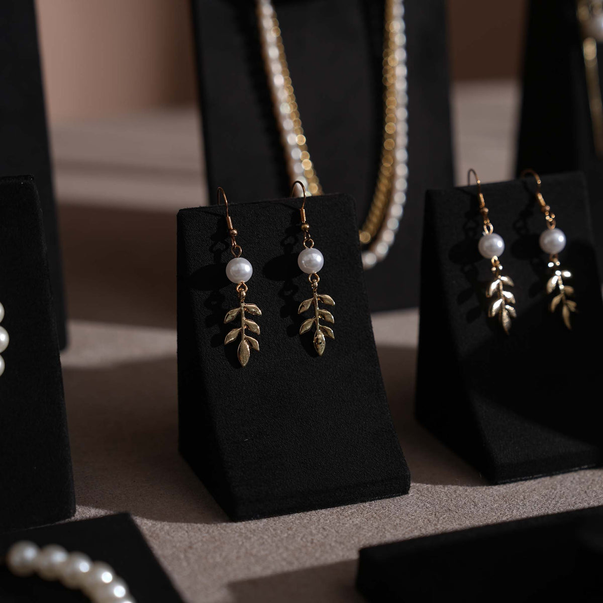 Black Jewelry Display Set for Estate & Antique Jewelers, Ring Tray, Necklace Rail, Earring Stand, Product Photography Props, Vegan Suede