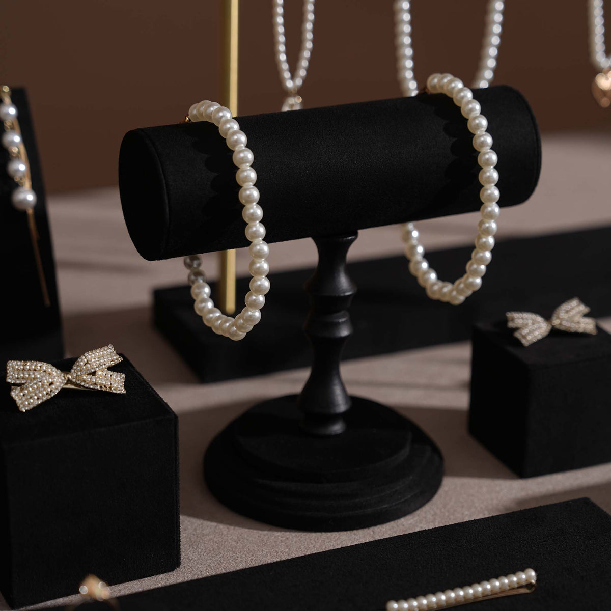 Black Jewelry Display Set for Estate & Antique Jewelers, Ring Tray, Necklace Rail, Earring Stand, Product Photography Props, Vegan Suede