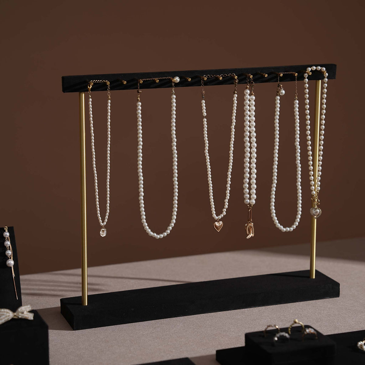 Black Jewelry Display Set for Estate & Antique Jewelers, Ring Tray, Necklace Rail, Earring Stand, Product Photography Props, Vegan Suede