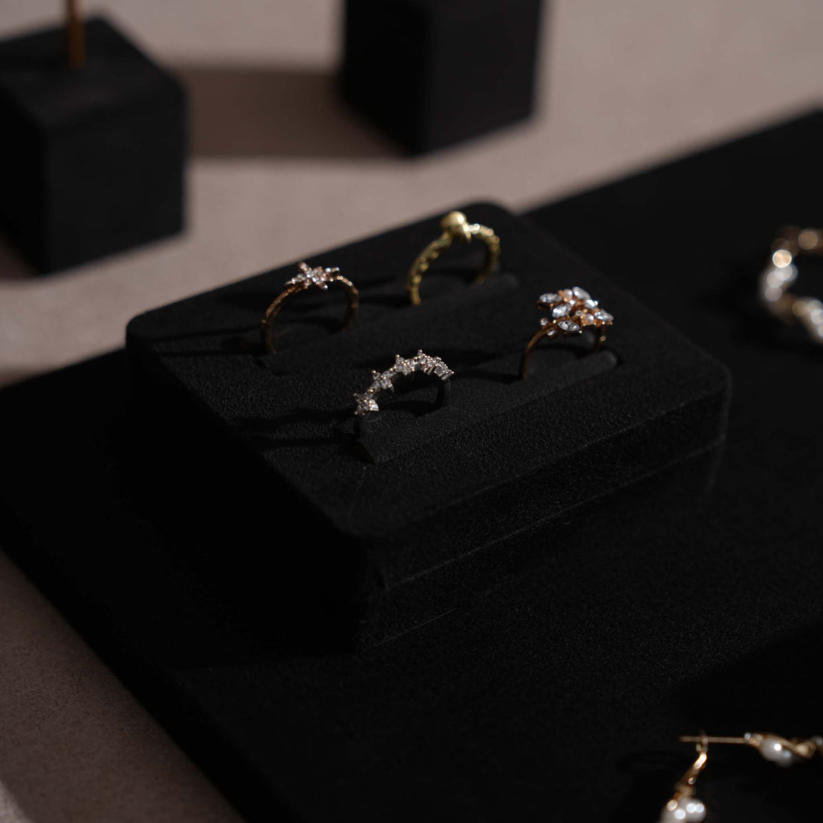 Black Jewelry Display Set for Estate & Antique Jewelers, Ring Tray, Necklace Rail, Earring Stand, Product Photography Props, Vegan Suede