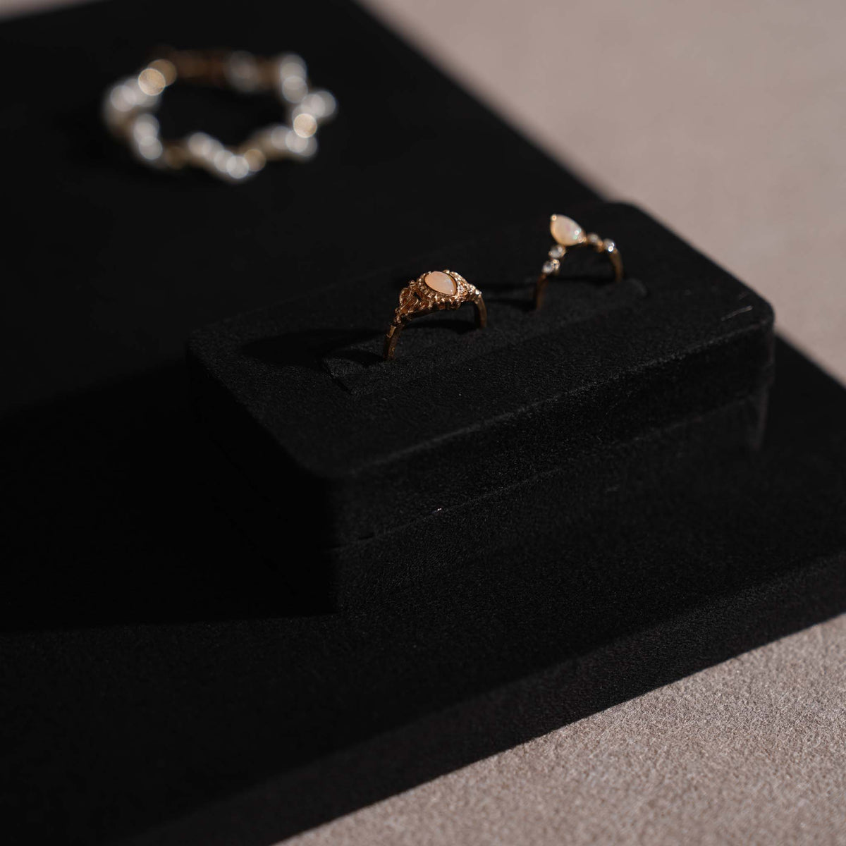 Black Jewelry Display Set for Estate & Antique Jewelers, Ring Tray, Necklace Rail, Earring Stand, Product Photography Props, Vegan Suede