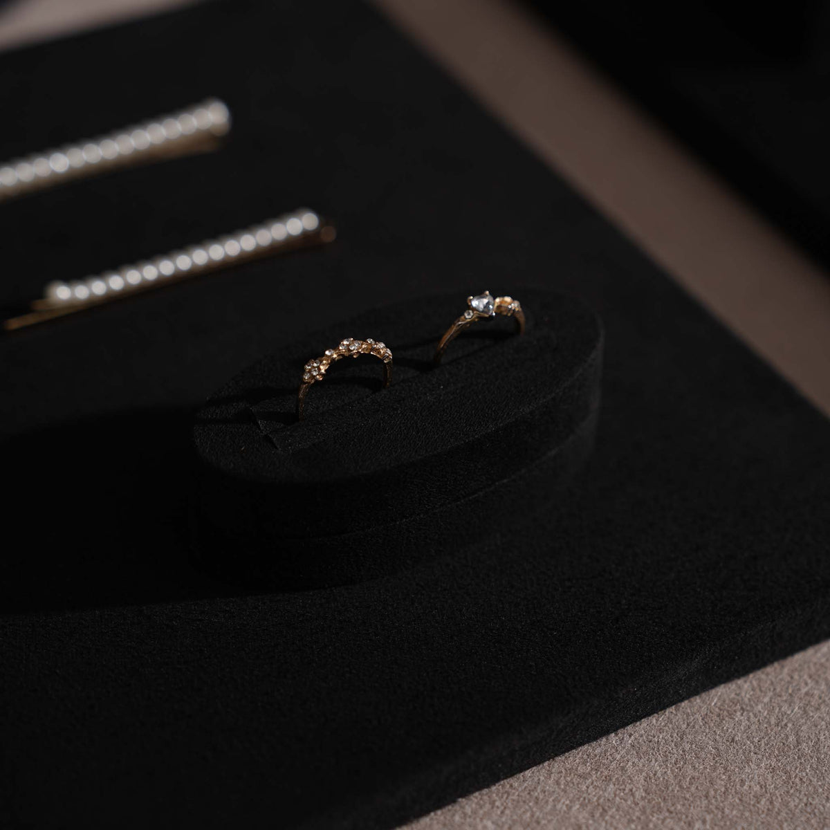 Black Jewelry Display Set for Estate & Antique Jewelers, Ring Tray, Necklace Rail, Earring Stand, Product Photography Props, Vegan Suede