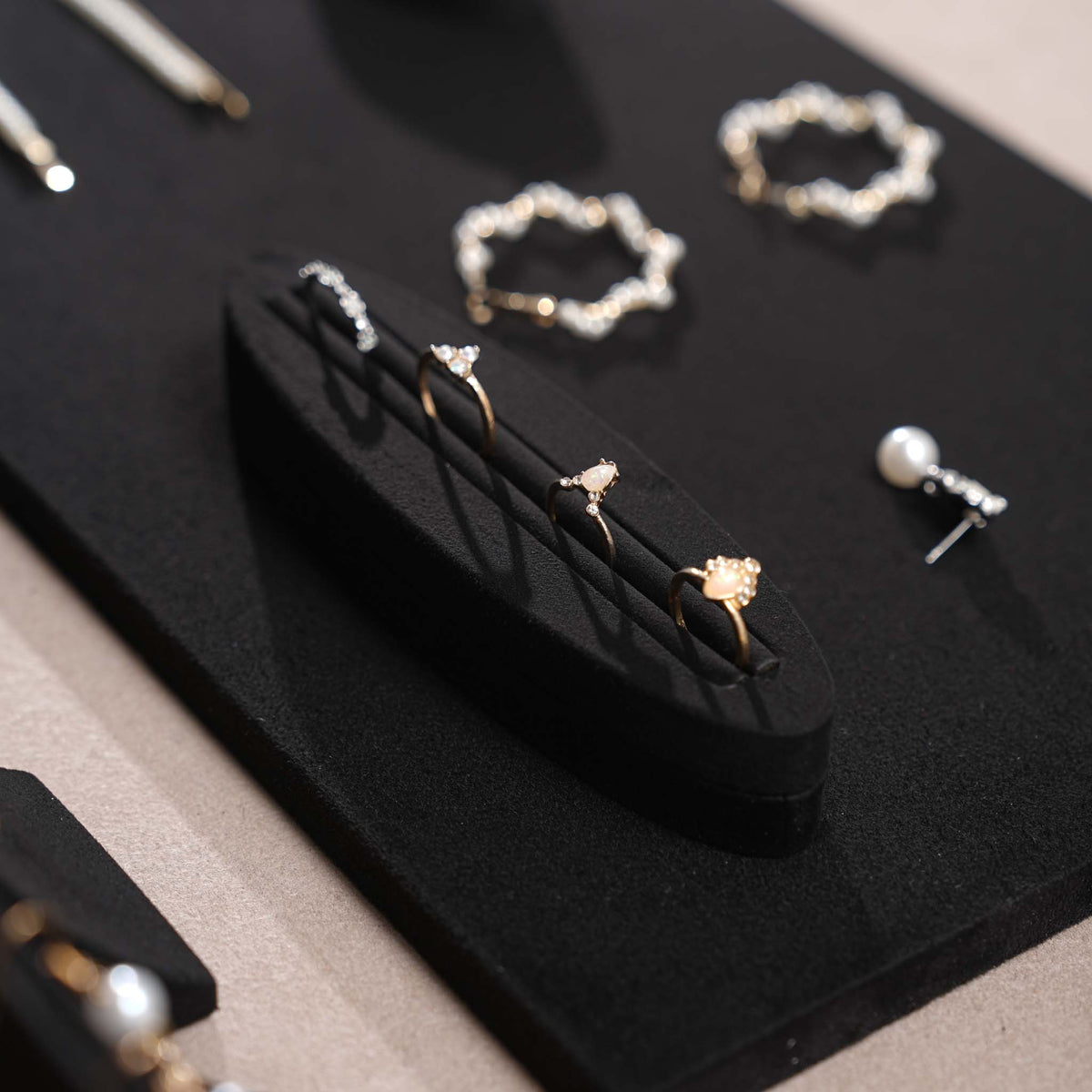 Black Jewelry Display Set for Estate & Antique Jewelers, Ring Tray, Necklace Rail, Earring Stand, Product Photography Props, Vegan Suede