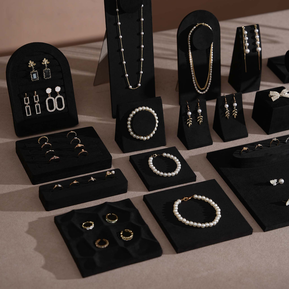 Black Jewelry Display Set for Estate & Antique Jewelers, Ring Tray, Necklace Rail, Earring Stand, Product Photography Props, Vegan Suede