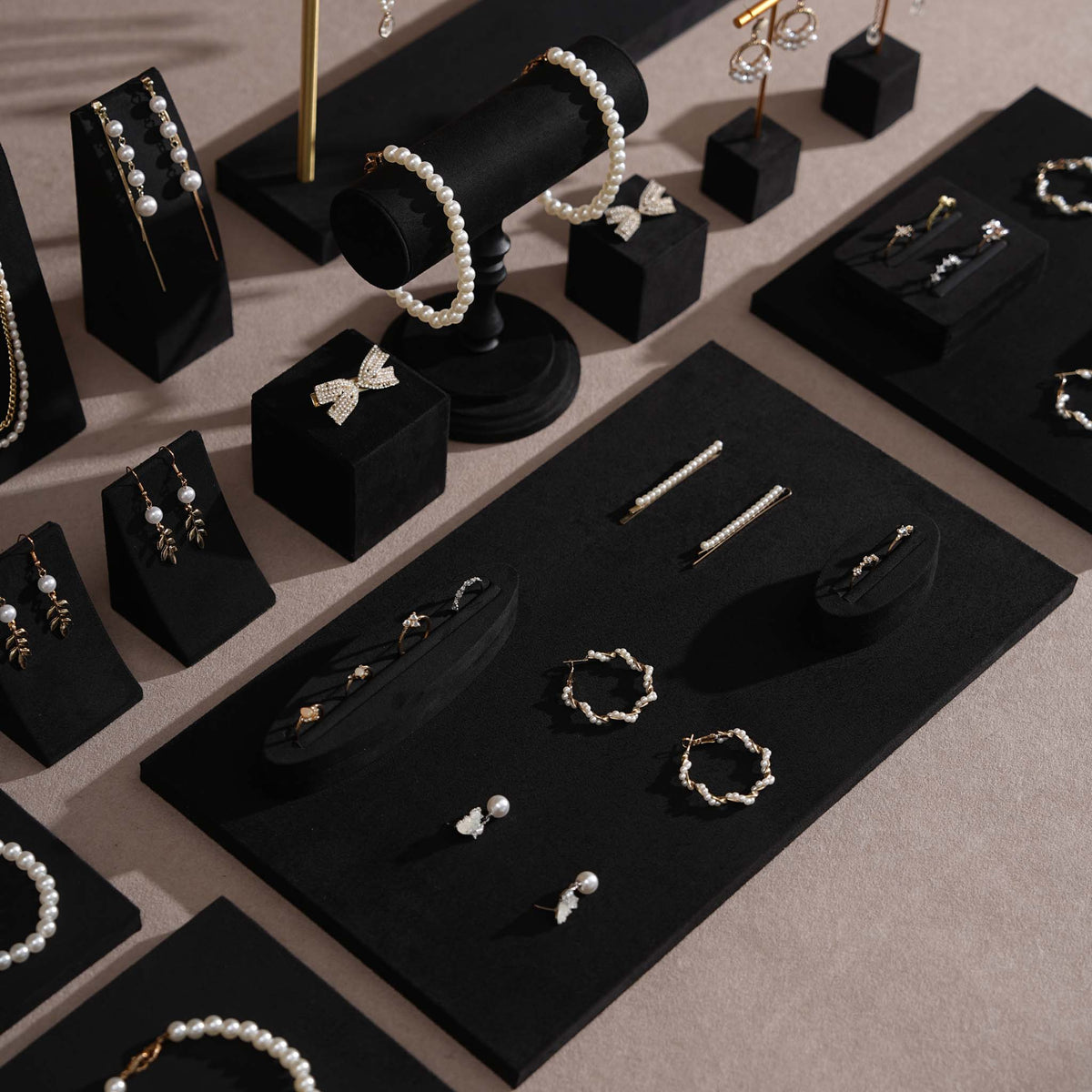 Black Jewelry Display Set for Estate & Antique Jewelers, Ring Tray, Necklace Rail, Earring Stand, Product Photography Props, Vegan Suede