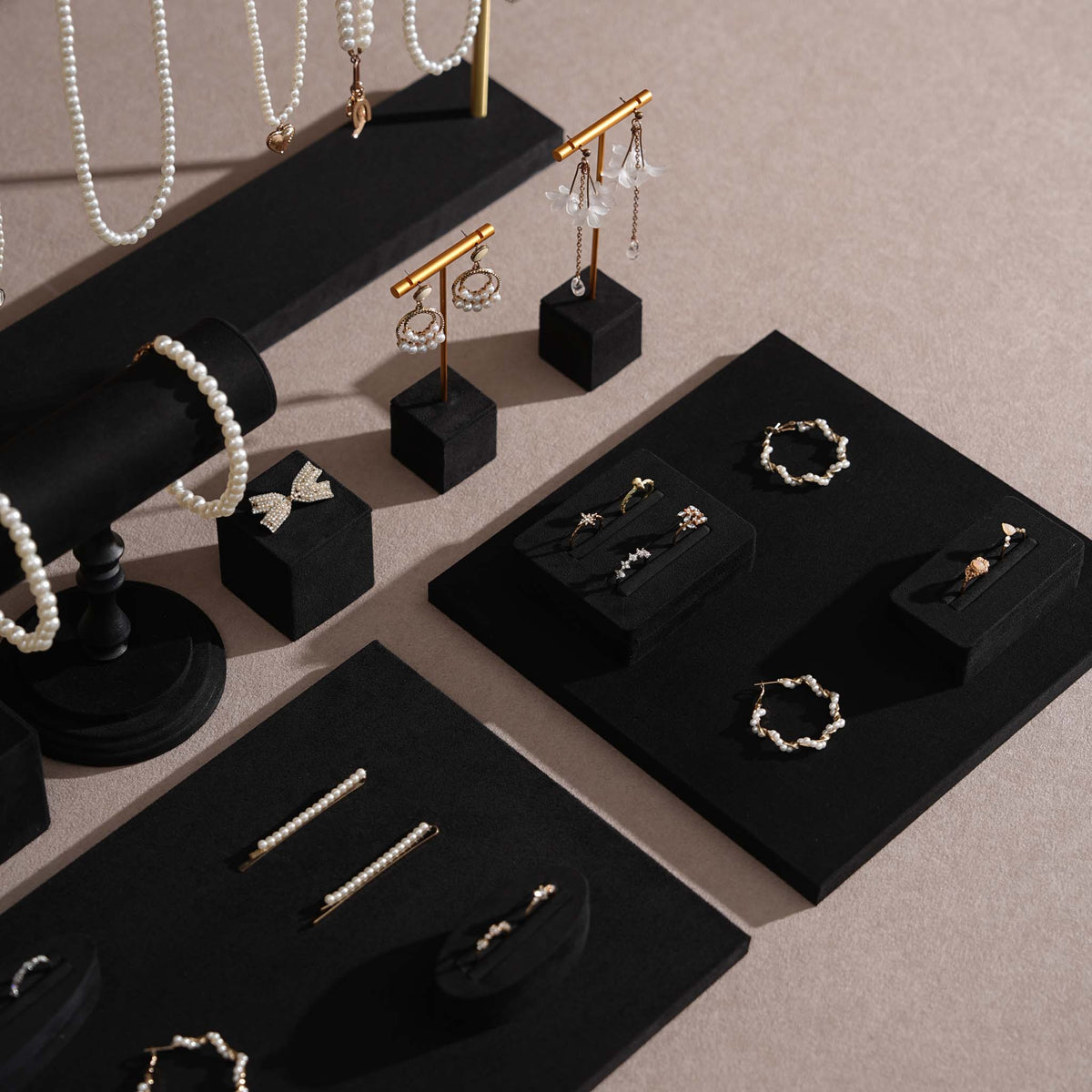 Black Jewelry Display Set for Estate & Antique Jewelers, Ring Tray, Necklace Rail, Earring Stand, Product Photography Props, Vegan Suede