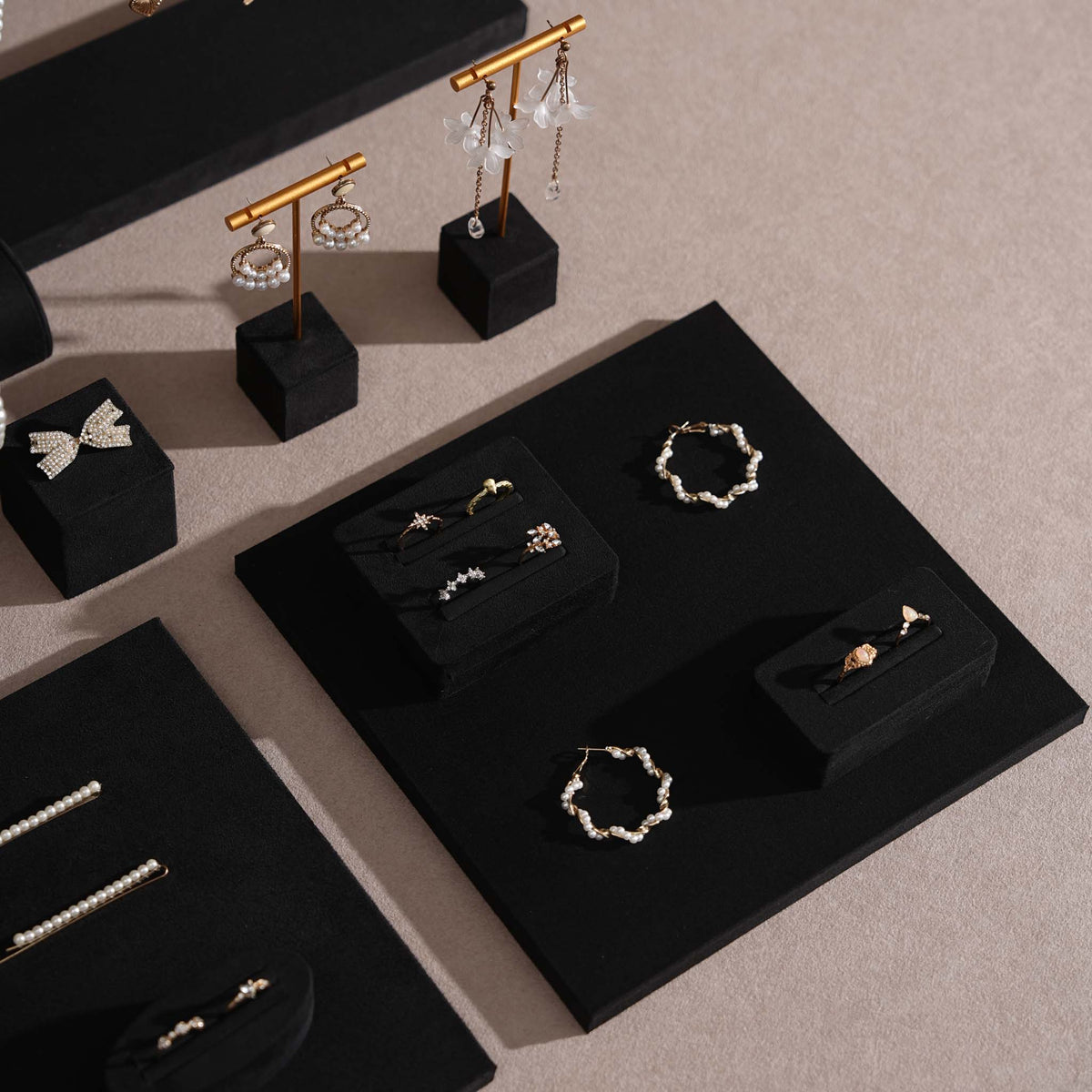 Black Jewelry Display Set for Estate & Antique Jewelers, Ring Tray, Necklace Rail, Earring Stand, Product Photography Props, Vegan Suede