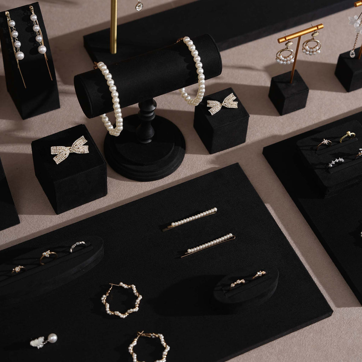 Black Jewelry Display Set for Estate & Antique Jewelers, Ring Tray, Necklace Rail, Earring Stand, Product Photography Props, Vegan Suede