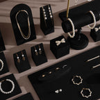 Black Jewelry Display Set for Estate & Antique Jewelers, Ring Tray, Necklace Rail, Earring Stand, Product Photography Props, Vegan Suede