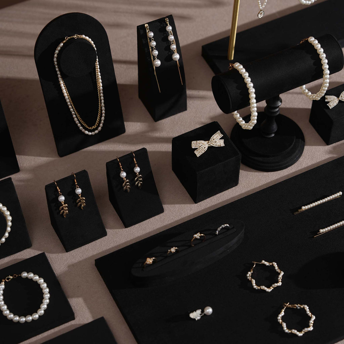 Black Jewelry Display Set for Estate & Antique Jewelers, Ring Tray, Necklace Rail, Earring Stand, Product Photography Props, Vegan Suede