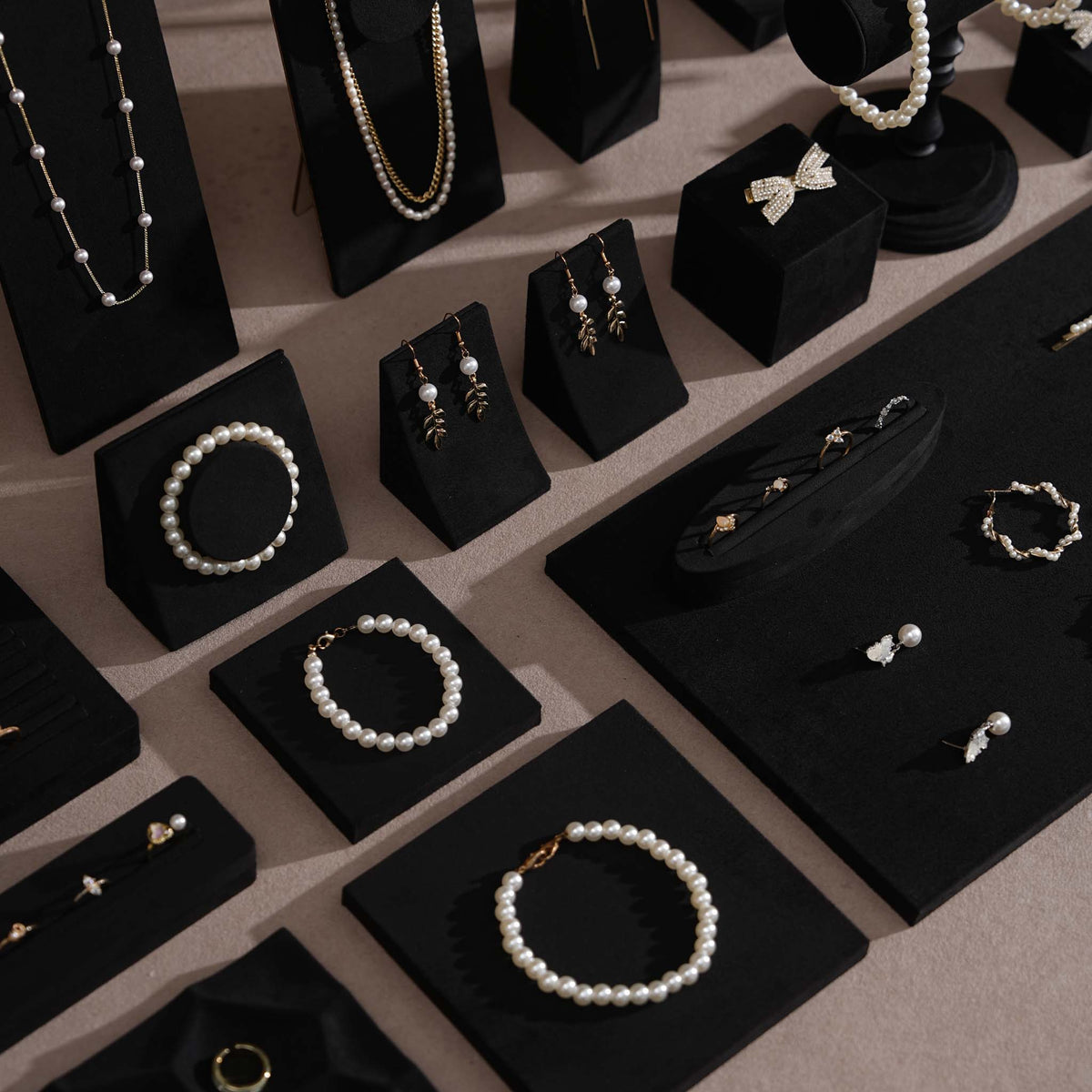 Black Jewelry Display Set for Estate & Antique Jewelers, Ring Tray, Necklace Rail, Earring Stand, Product Photography Props, Vegan Suede