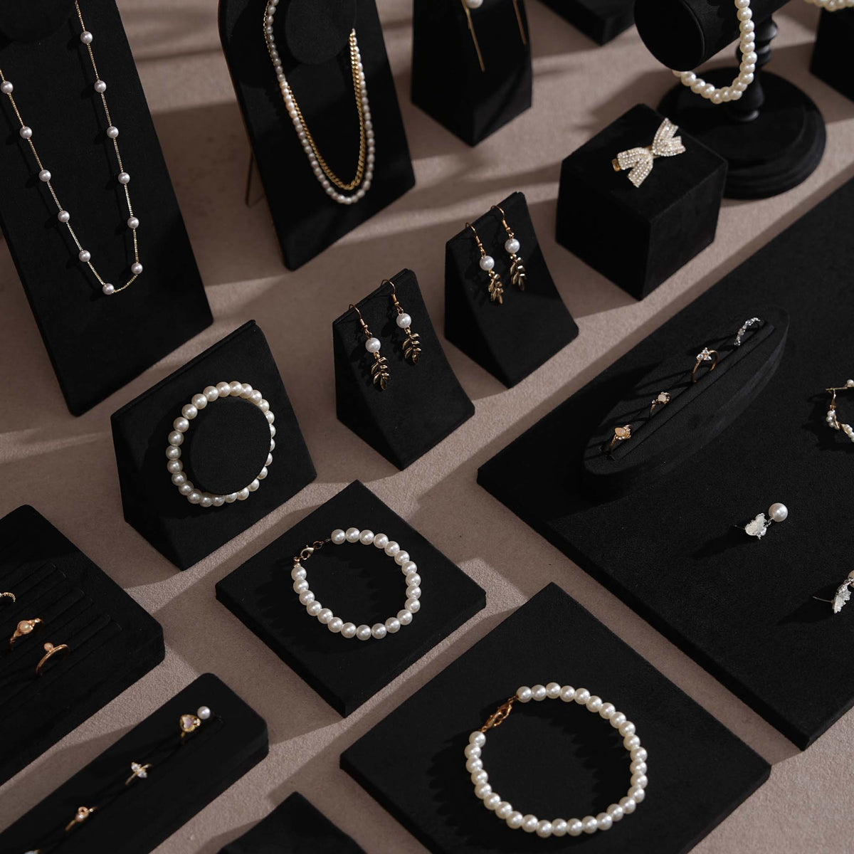 Black Jewelry Display Set for Estate & Antique Jewelers, Ring Tray, Necklace Rail, Earring Stand, Product Photography Props, Vegan Suede