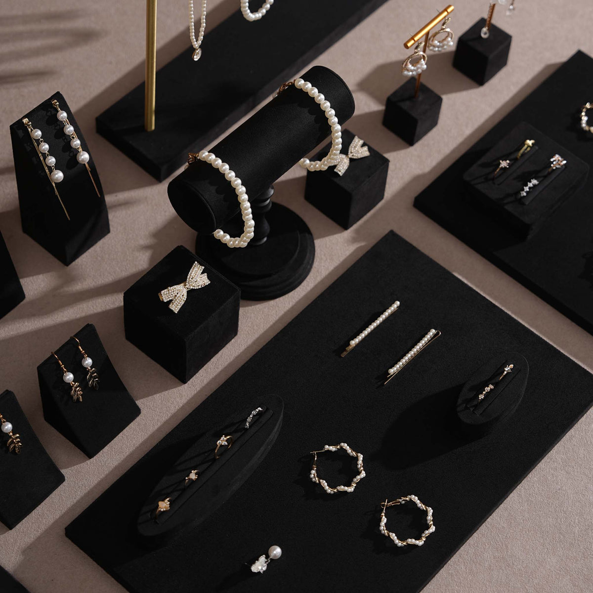 Black Jewelry Display Set for Estate & Antique Jewelers, Ring Tray, Necklace Rail, Earring Stand, Product Photography Props, Vegan Suede