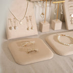 Beige Jewelry Display Set for Craft Fair Booth, Pavilion Necklace Bust, Ring Tray, Earring Stand, Market Table Props, Vegan Suede, Wood Core