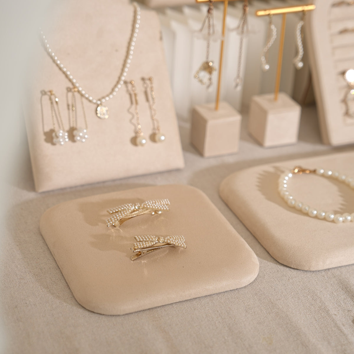 Beige Jewelry Display Set for Craft Fair Booth, Pavilion Necklace Bust, Ring Tray, Earring Stand, Market Table Props, Vegan Suede, Wood Core