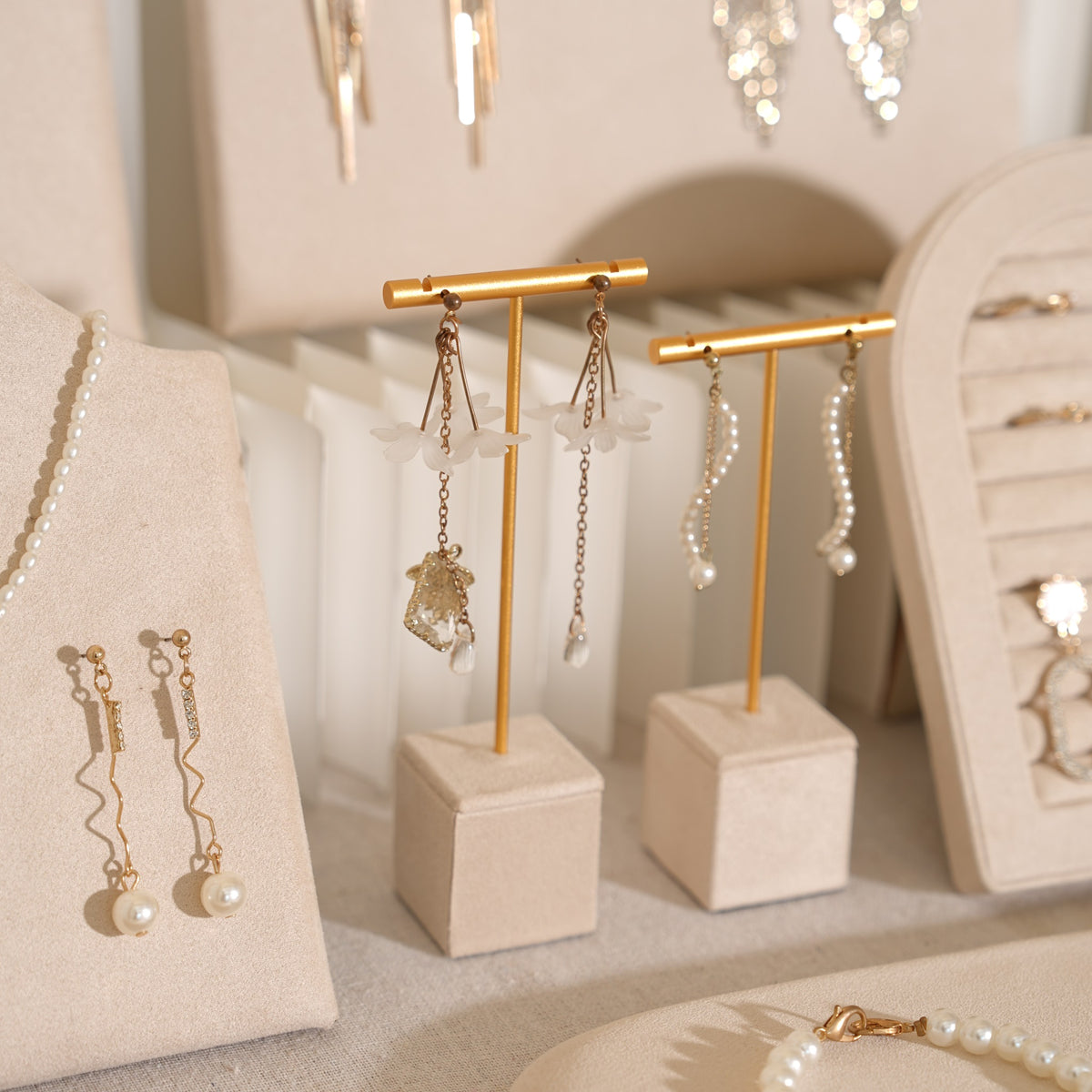 Beige Jewelry Display Set for Craft Fair Booth, Pavilion Necklace Bust, Ring Tray, Earring Stand, Market Table Props, Vegan Suede, Wood Core