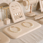 Beige Jewelry Display Set for Craft Fair Booth, Pavilion Necklace Bust, Ring Tray, Earring Stand, Market Table Props, Vegan Suede, Wood Core