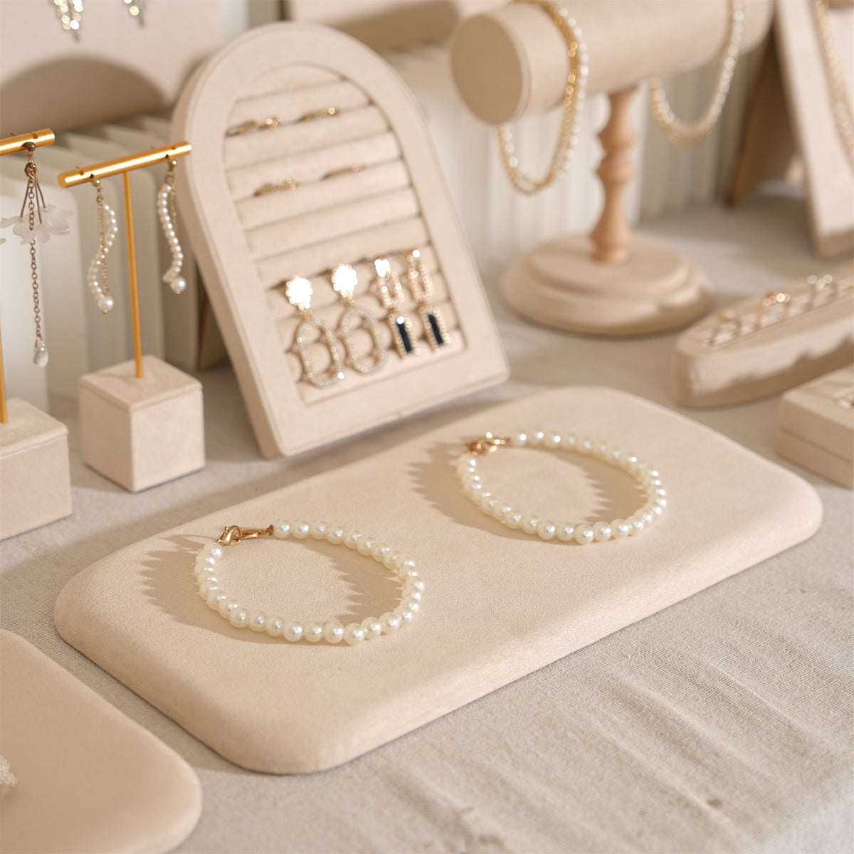 Beige Jewelry Display Set for Craft Fair Booth, Pavilion Necklace Bust, Ring Tray, Earring Stand, Market Table Props, Vegan Suede, Wood Core
