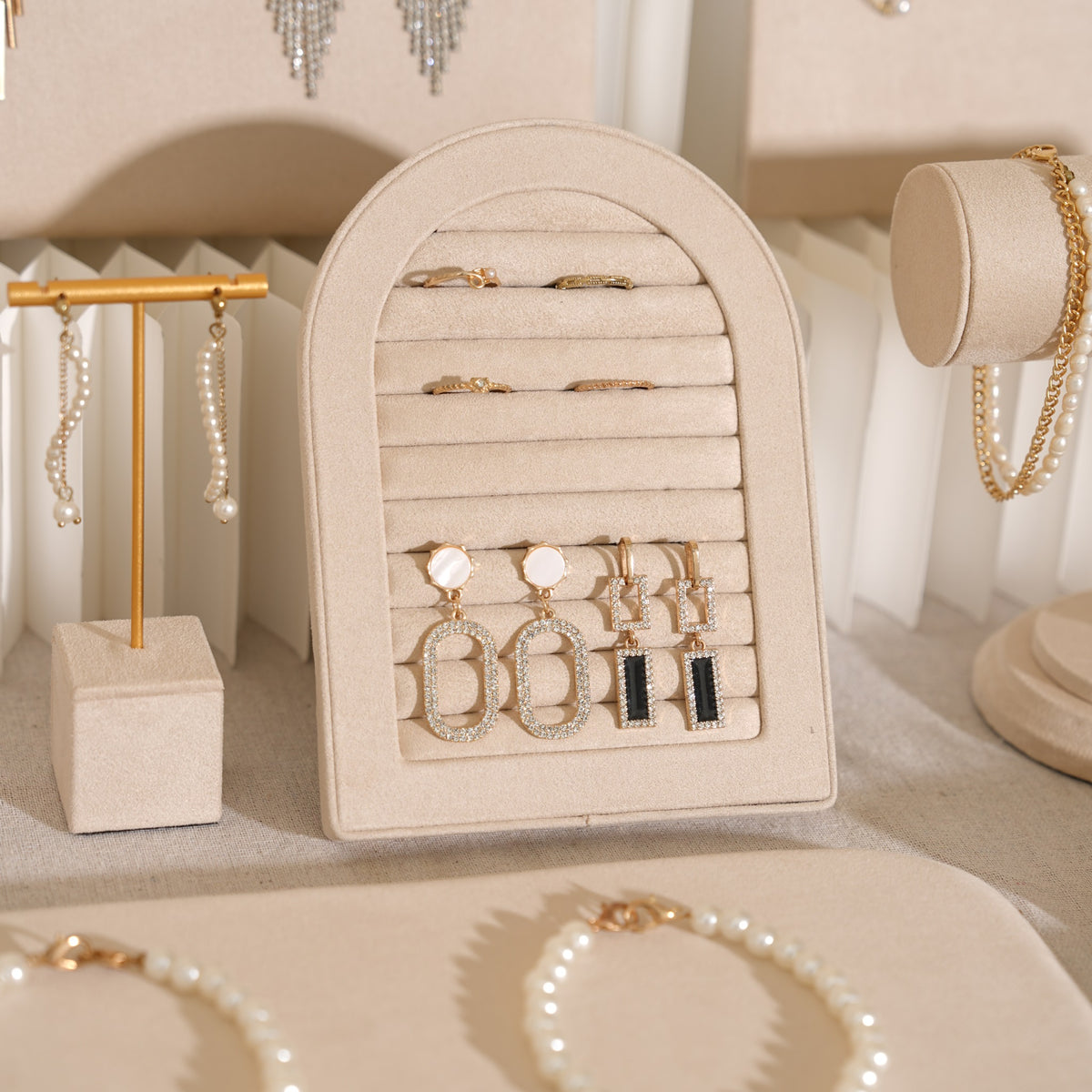 Beige Jewelry Display Set for Craft Fair Booth, Pavilion Necklace Bust, Ring Tray, Earring Stand, Market Table Props, Vegan Suede, Wood Core