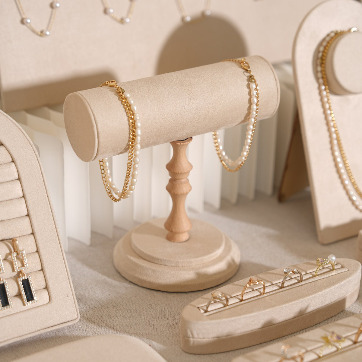 Beige Jewelry Display Set for Craft Fair Booth, Pavilion Necklace Bust, Ring Tray, Earring Stand, Market Table Props, Vegan Suede, Wood Core