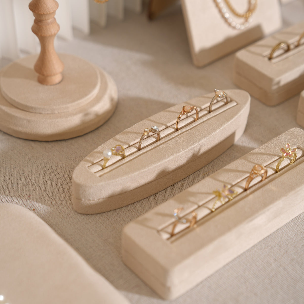 Beige Jewelry Display Set for Craft Fair Booth, Pavilion Necklace Bust, Ring Tray, Earring Stand, Market Table Props, Vegan Suede, Wood Core