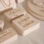 Beige Jewelry Display Set for Craft Fair Booth, Pavilion Necklace Bust, Ring Tray, Earring Stand, Market Table Props, Vegan Suede, Wood Core