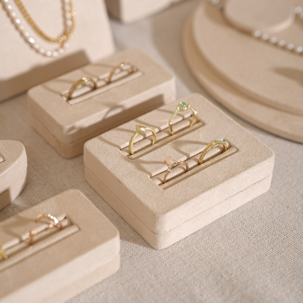 Beige Jewelry Display Set for Craft Fair Booth, Pavilion Necklace Bust, Ring Tray, Earring Stand, Market Table Props, Vegan Suede, Wood Core