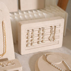 Beige Jewelry Display Set for Craft Fair Booth, Pavilion Necklace Bust, Ring Tray, Earring Stand, Market Table Props, Vegan Suede, Wood Core