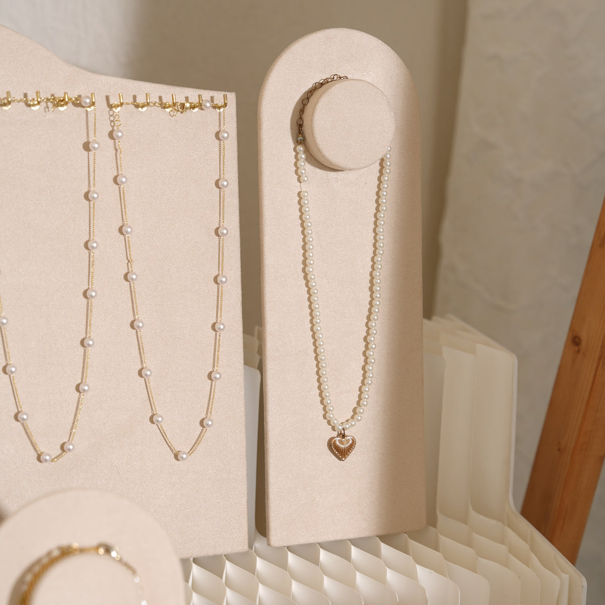 Beige Jewelry Display Set for Craft Fair Booth, Pavilion Necklace Bust, Ring Tray, Earring Stand, Market Table Props, Vegan Suede, Wood Core