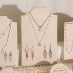 Beige Jewelry Display Set for Craft Fair Booth, Pavilion Necklace Bust, Ring Tray, Earring Stand, Market Table Props, Vegan Suede, Wood Core