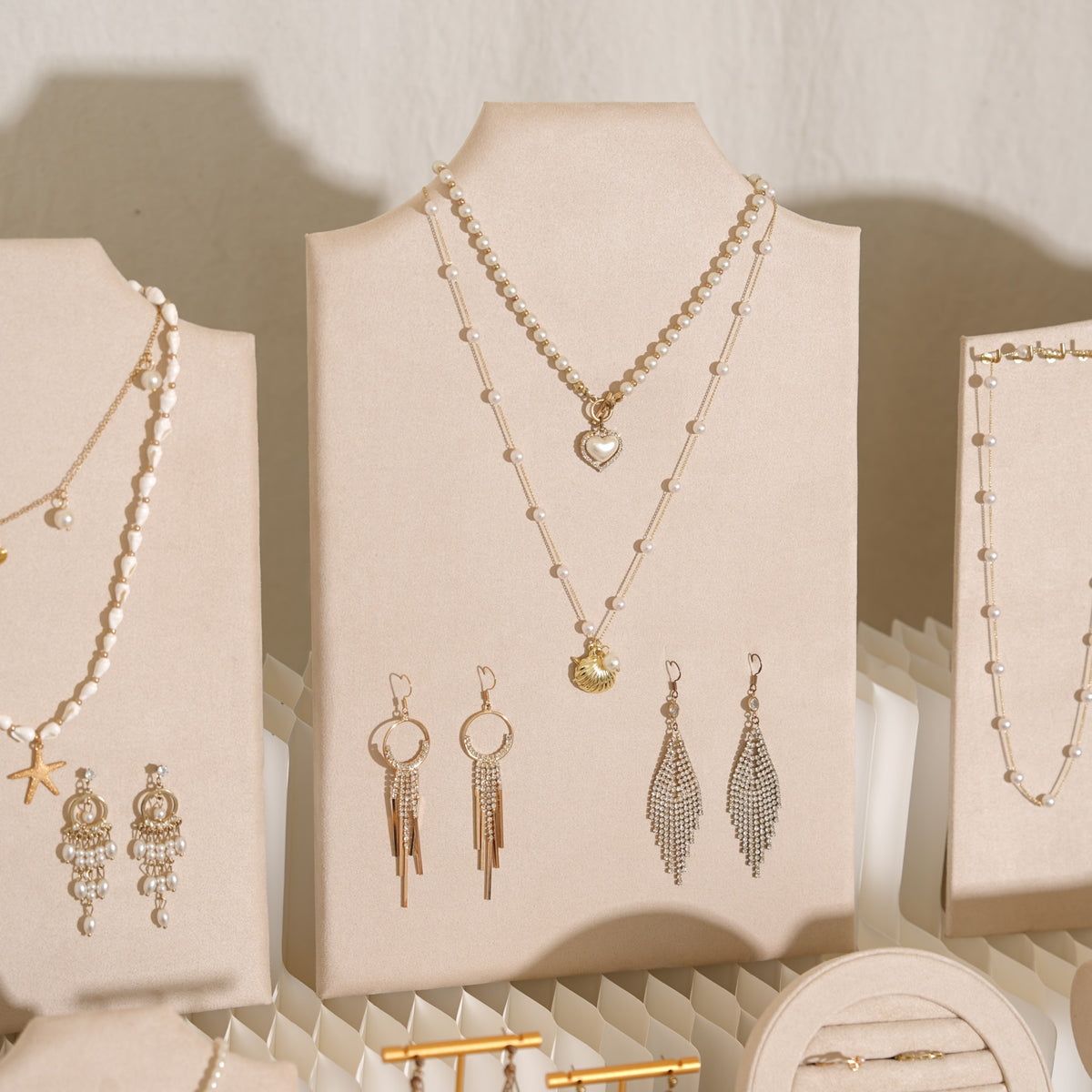 Beige Jewelry Display Set for Craft Fair Booth, Pavilion Necklace Bust, Ring Tray, Earring Stand, Market Table Props, Vegan Suede, Wood Core