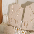 Beige Jewelry Display Set for Craft Fair Booth, Pavilion Necklace Bust, Ring Tray, Earring Stand, Market Table Props, Vegan Suede, Wood Core