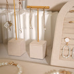 Beige Jewelry Display Set for Craft Fair Booth, Pavilion Necklace Bust, Ring Tray, Earring Stand, Market Table Props, Vegan Suede, Wood Core