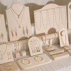 Beige Jewelry Display Set for Craft Fair Booth, Pavilion Necklace Bust, Ring Tray, Earring Stand, Market Table Props, Vegan Suede, Wood Core