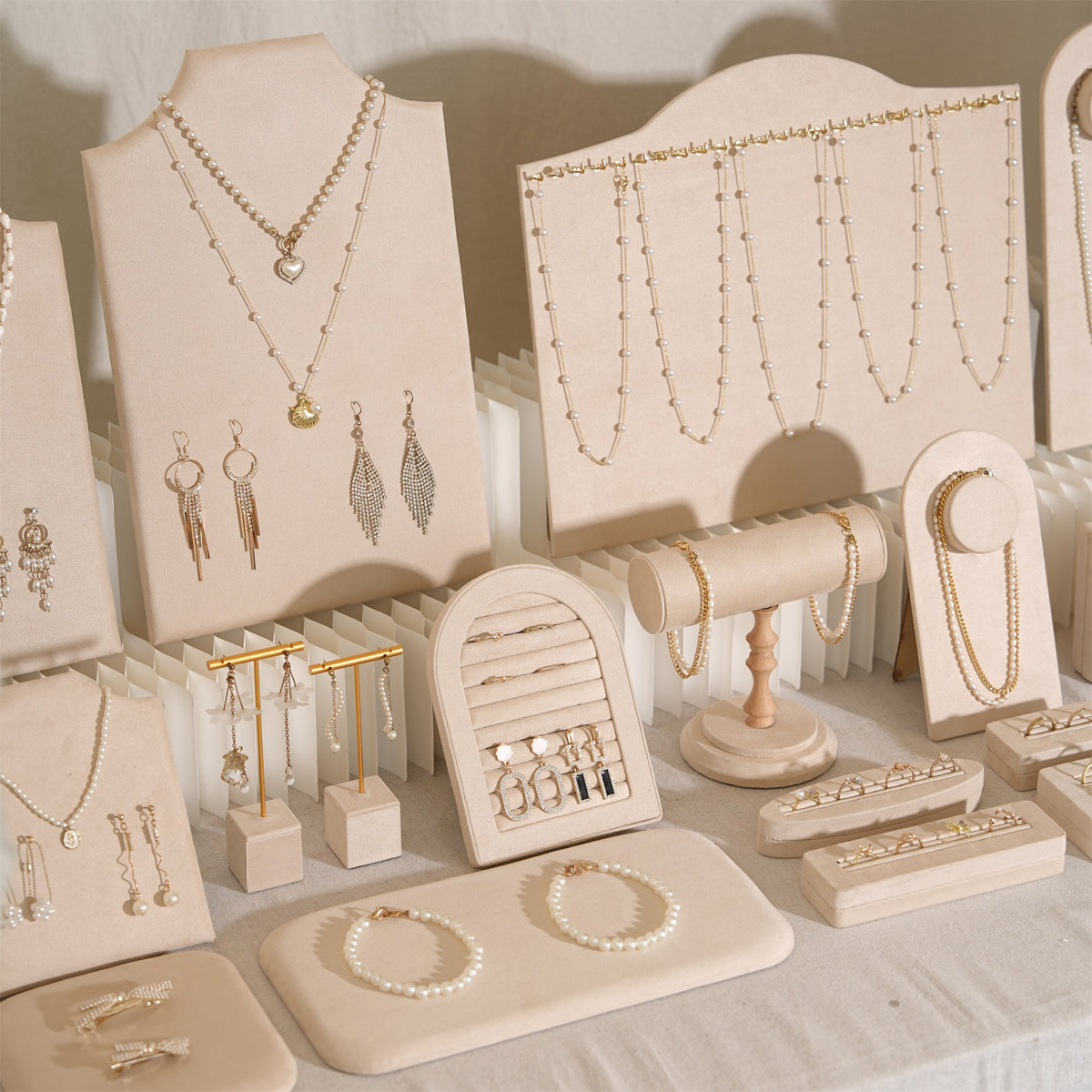 Beige Jewelry Display Set for Craft Fair Booth, Pavilion Necklace Bust, Ring Tray, Earring Stand, Market Table Props, Vegan Suede, Wood Core