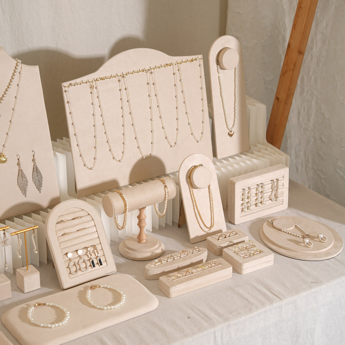 Beige Jewelry Display Set for Craft Fair Booth, Pavilion Necklace Bust, Ring Tray, Earring Stand, Market Table Props, Vegan Suede, Wood Core
