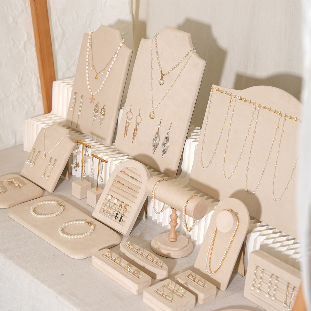 Beige Jewelry Display Set for Craft Fair Booth, Pavilion Necklace Bust, Ring Tray, Earring Stand, Market Table Props, Vegan Suede, Wood Core