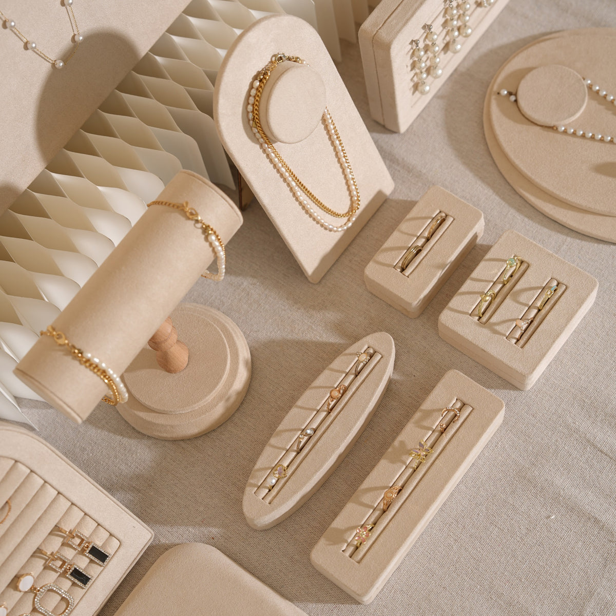 Beige Jewelry Display Set for Craft Fair Booth, Pavilion Necklace Bust, Ring Tray, Earring Stand, Market Table Props, Vegan Suede, Wood Core